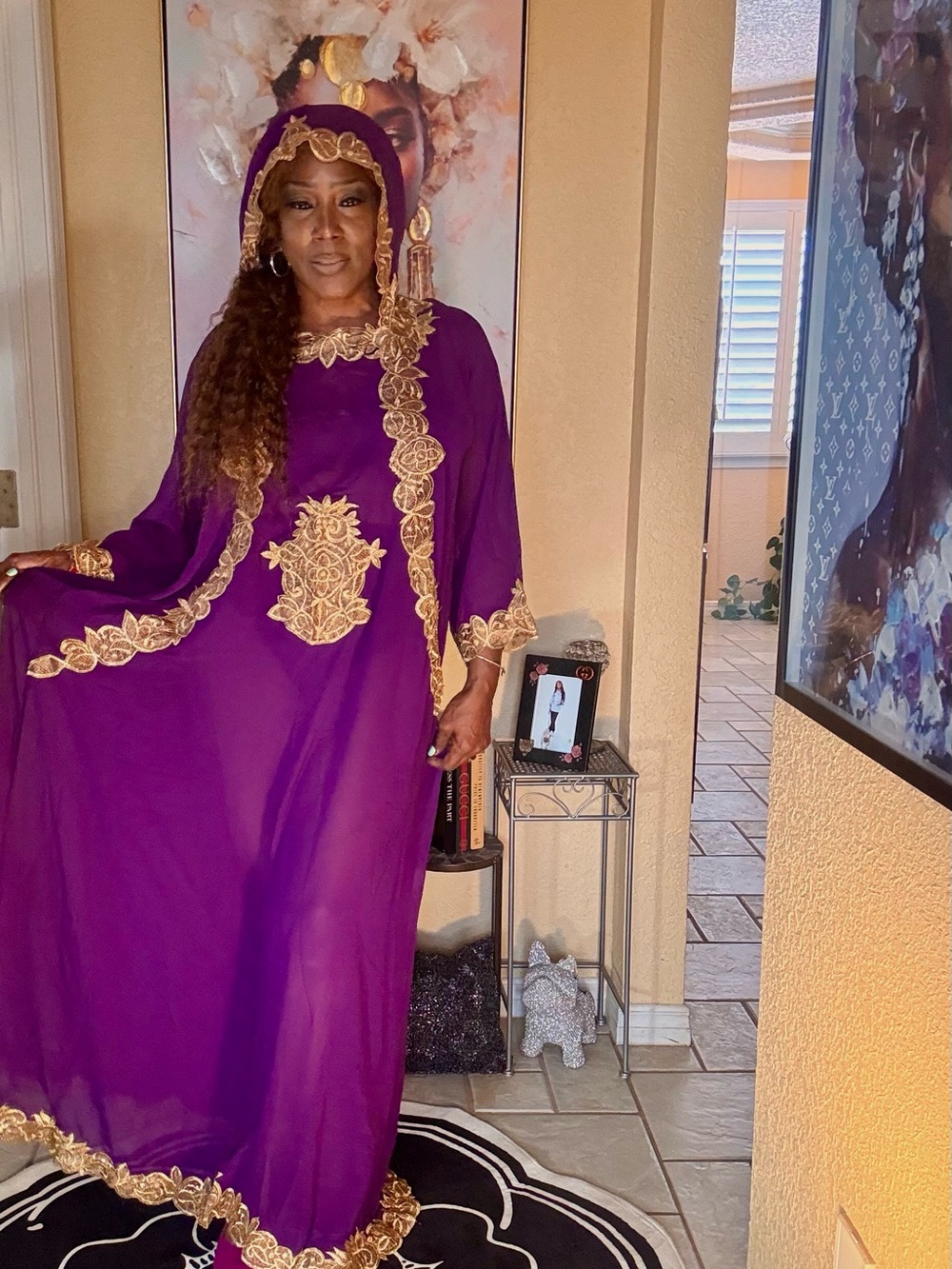 Purple Maxi Kaftan Dress with Gold Embroidered Accents - Picture 5 of 11